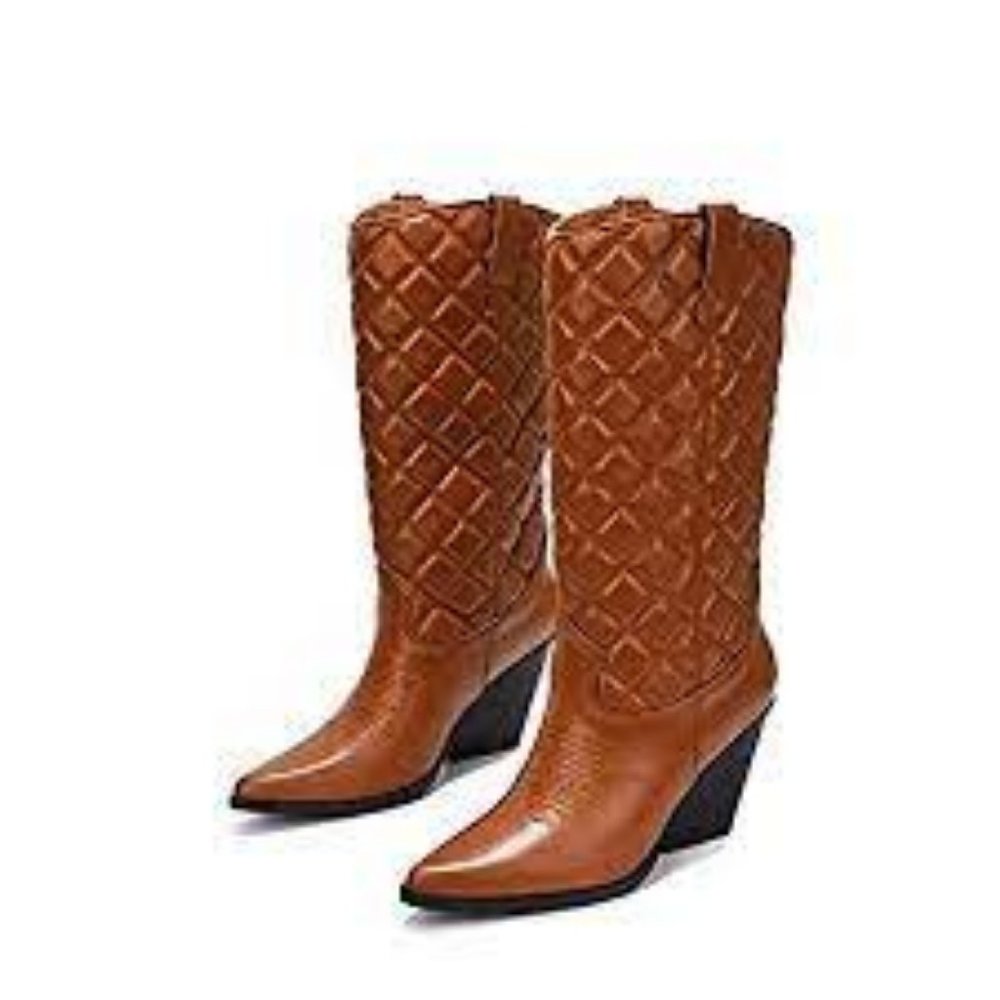 NWT CAPE ROBBIN BELASIMO QUILTED WESTERN POINTY TOE TAN BOOTS 7.5